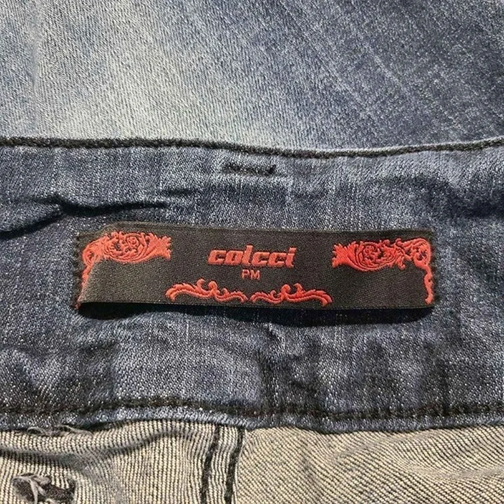 Colcci PM Womens Stretch Dark Distressed Wide Waistband Straight Leg Size 36